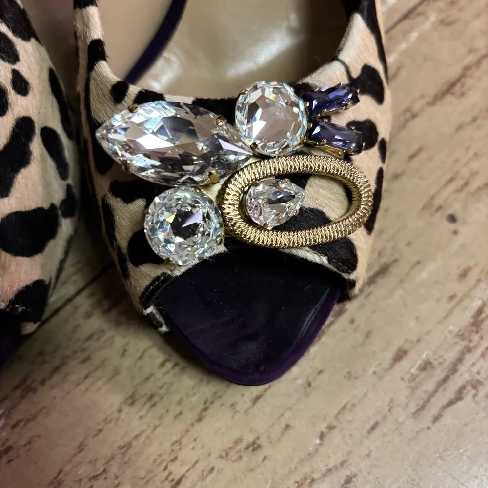 Vintage Le Silla Luxury Leopard Print Gemstone Peep Toe Heels Size 40